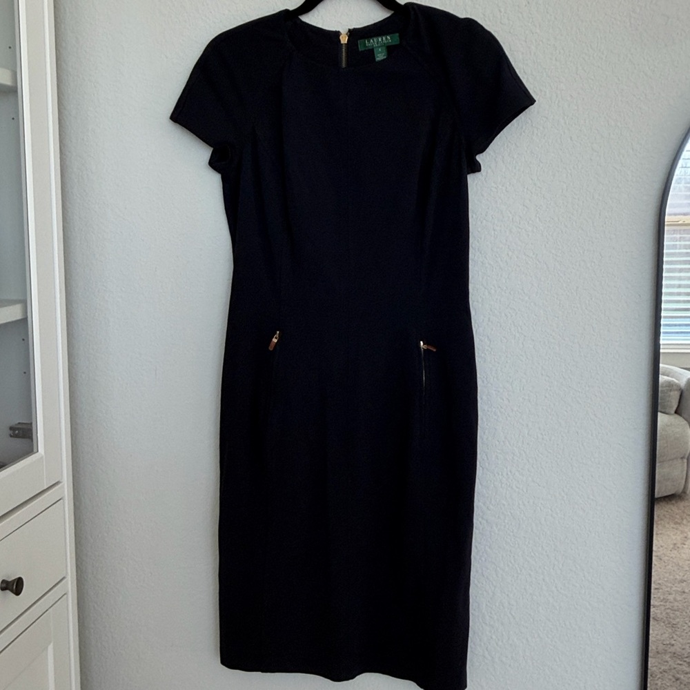 Lauren Ralph Lauren Blue stretch knit fitted sheath dress with leather zippers - Picture 2 of 7